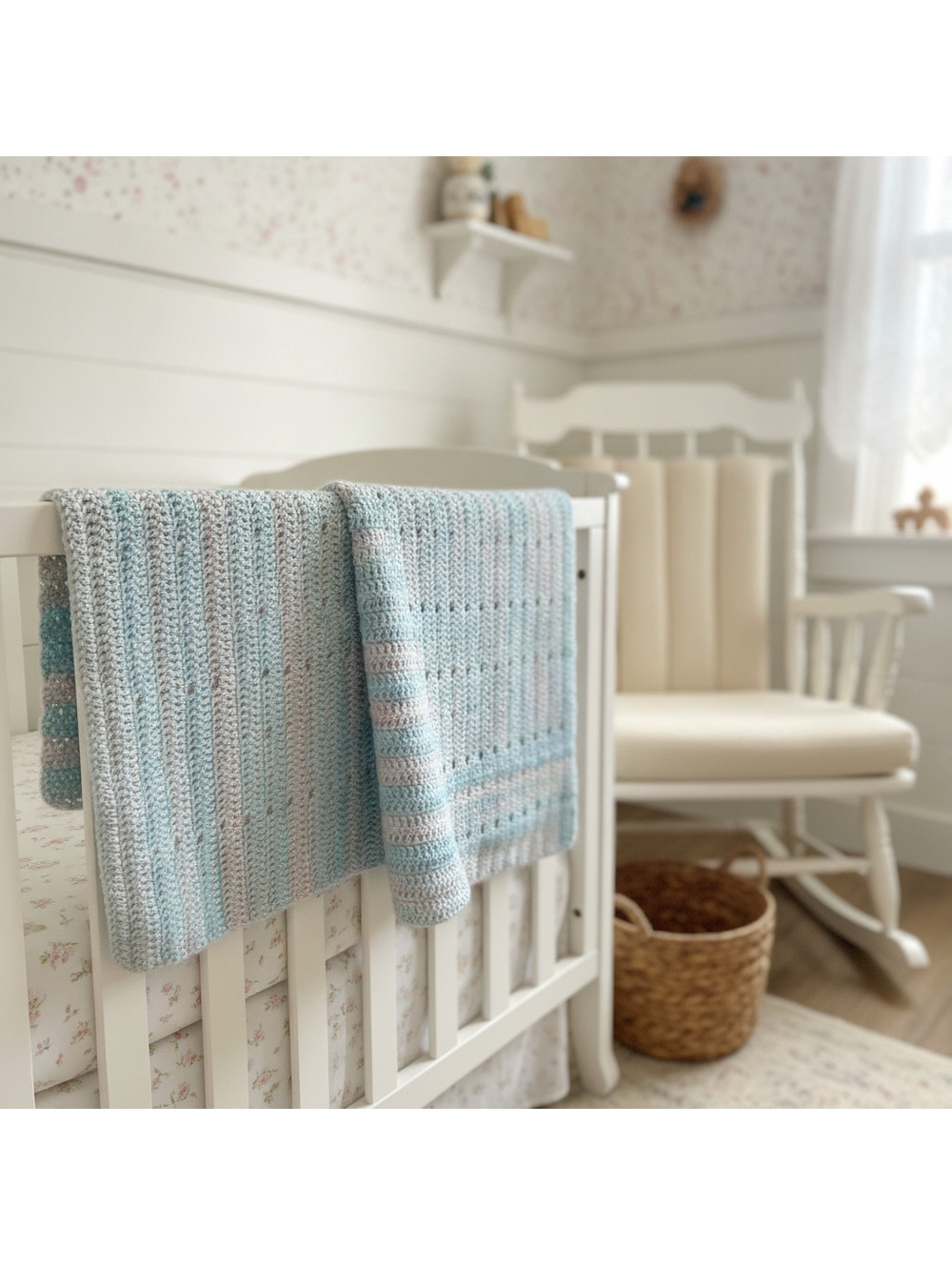 Handmade Crochet Baby Blanket, Pastel Blues & Pinks, Soft, Nursery
